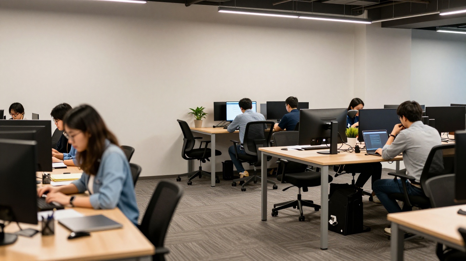 A quiet zone in a Chinese co-working space where individuals focus on deep work amidst the broader community environment.