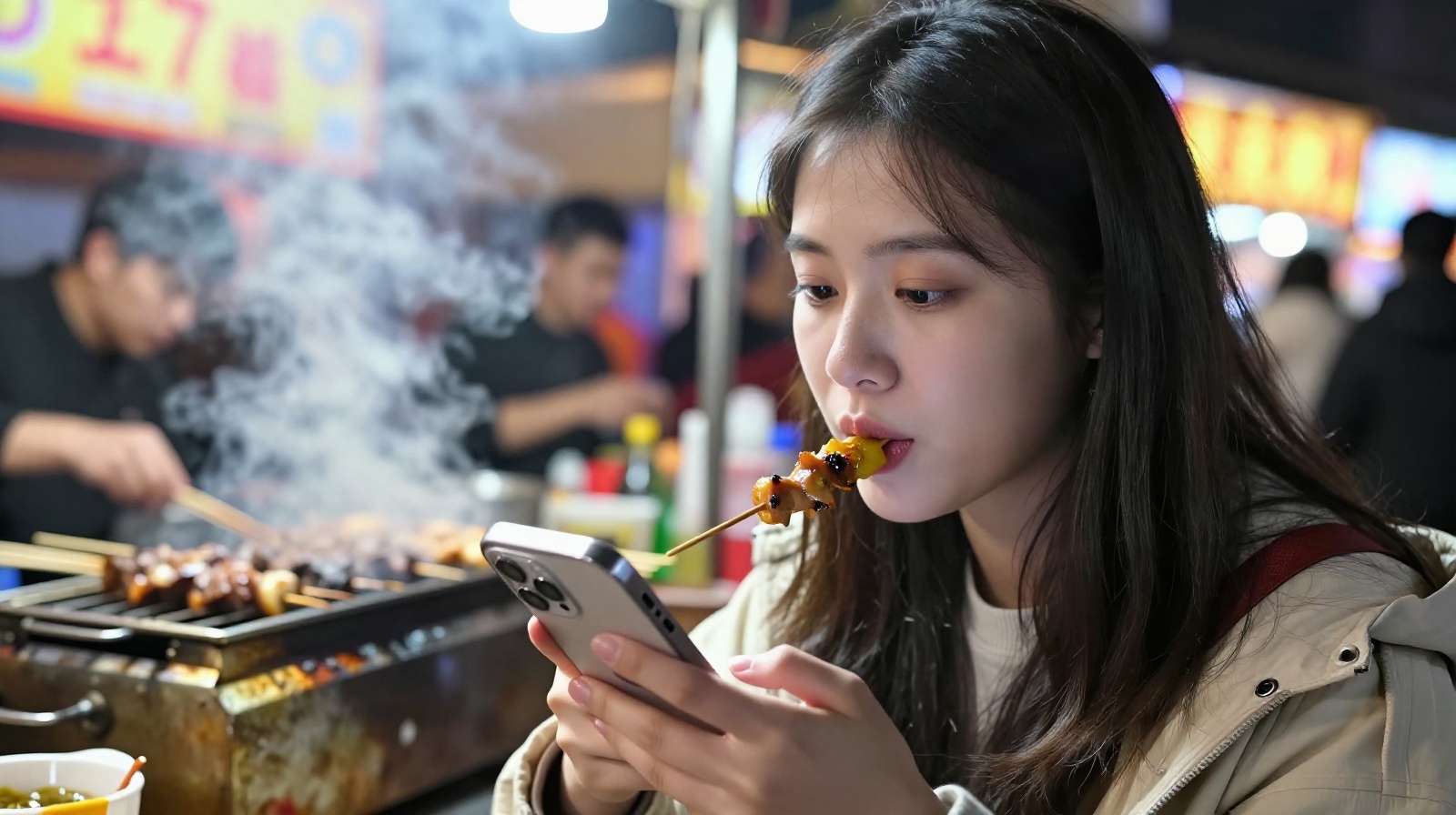 Young Chinese traveler enjoying local street food at a busy night market while checking her phone.