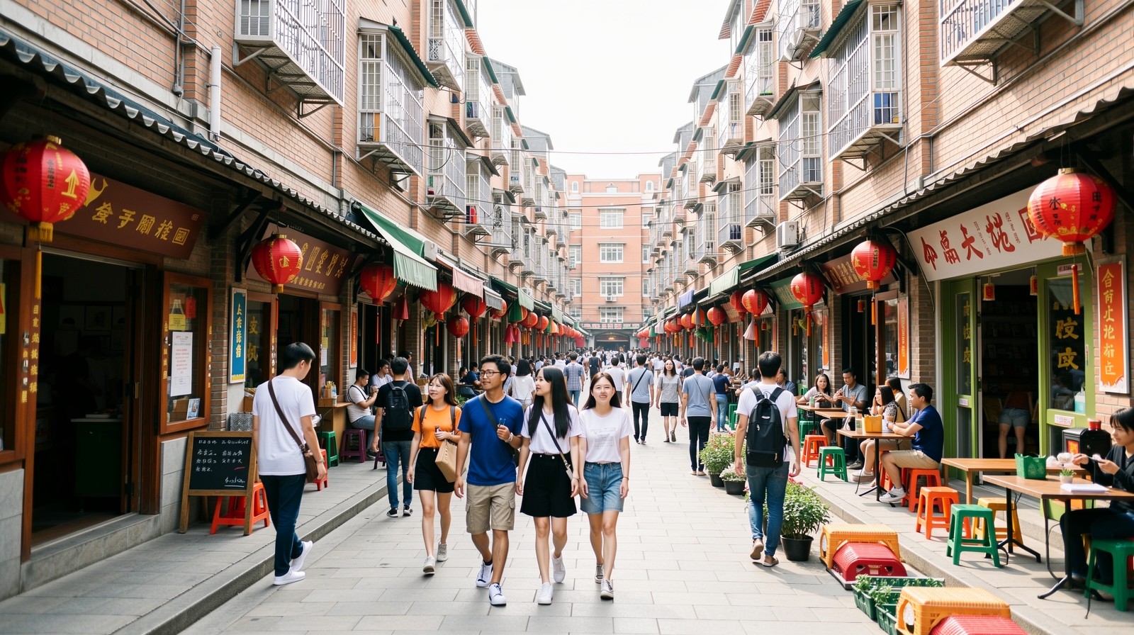 Young tourists exploring an authentic residential neighborhood in a Chinese city like Zhengzhou or Chengdu.