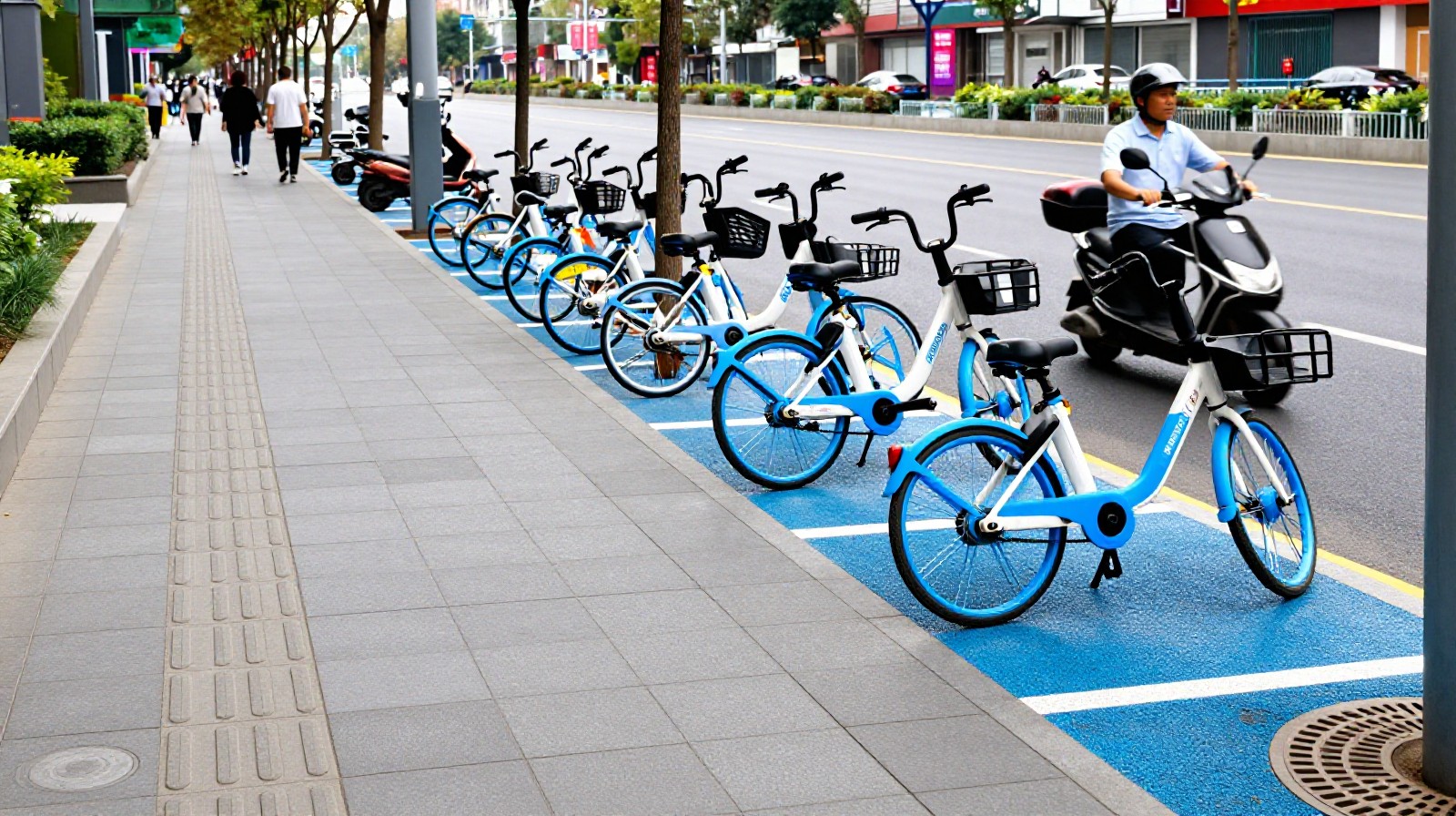 Neatly parked shared bicycles in designated zones on a clean Chinese city street