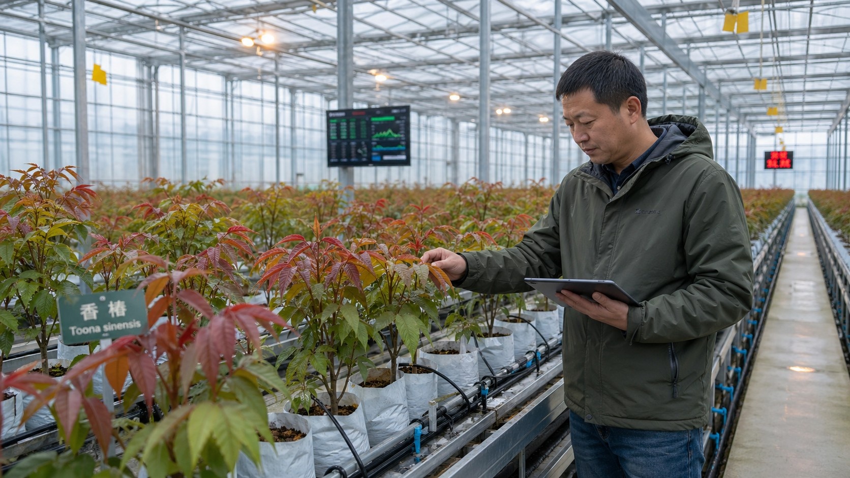 Farmer inspecting Toona sinensis crops in a temperature-controlled greenhouse using digital tools.