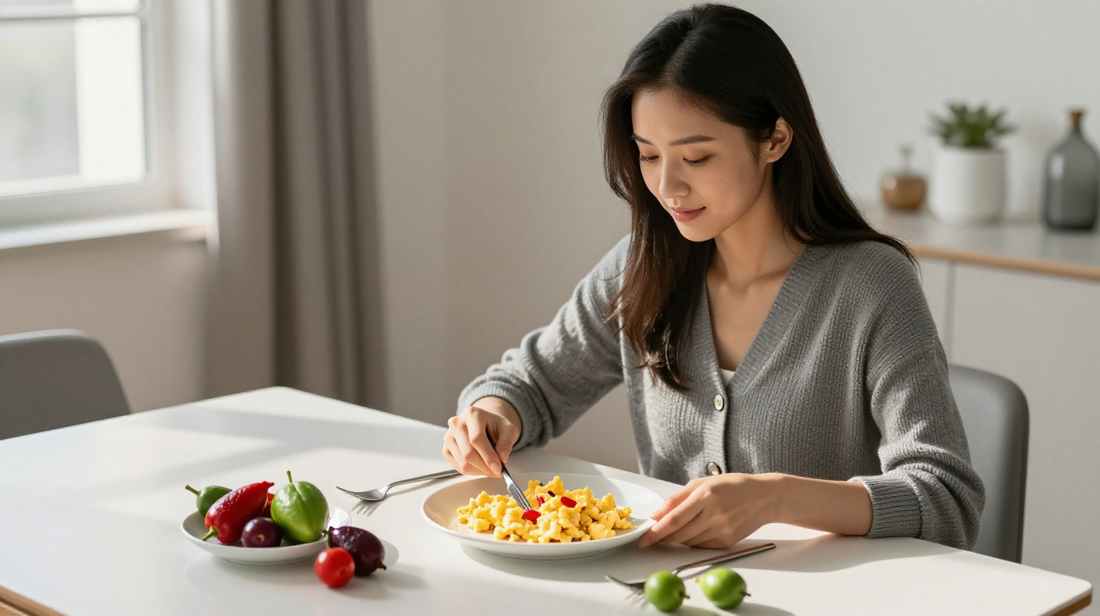 Young Chinese professional preparing a traditional Toona sinensis and egg dish at home in a modern urban apartment.