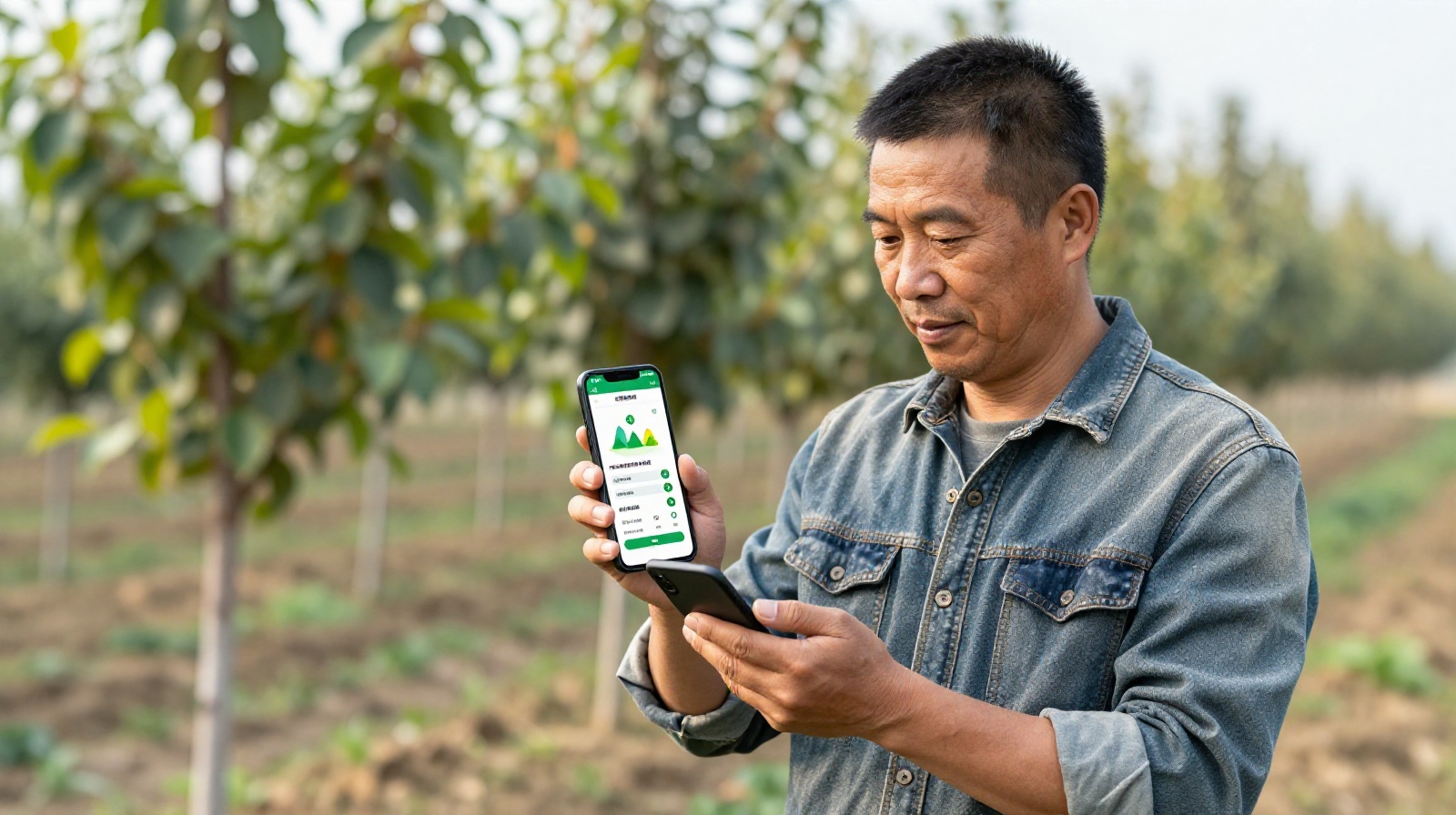 Farmer checking market prices and weather data on a smartphone app in a Toona sinensis orchard