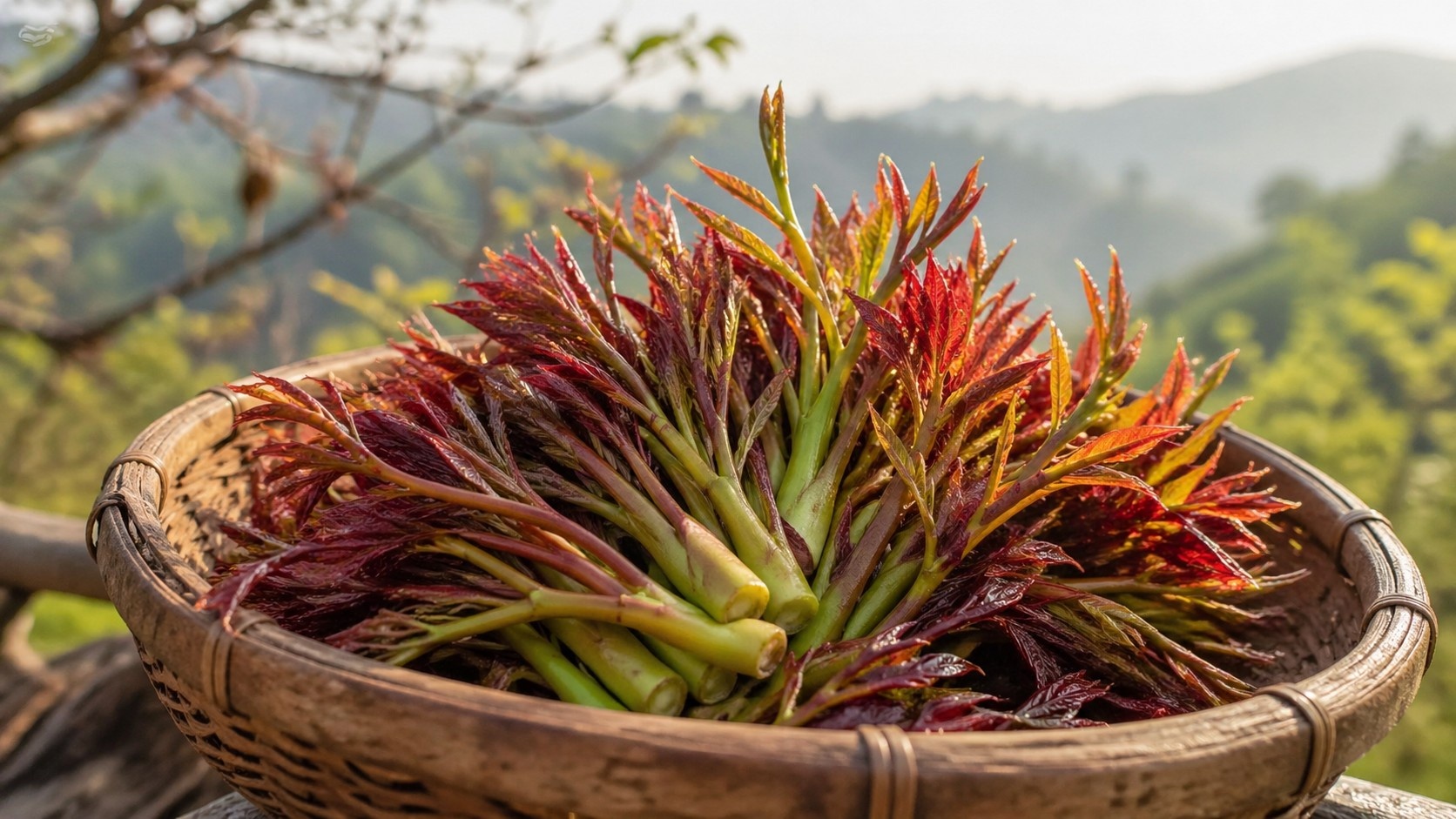Freshly harvested Toona sinensis spring shoots showing vibrant purple and green leaves in a woven basket