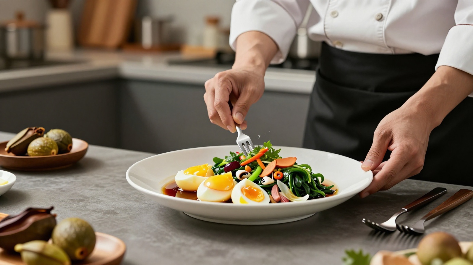 Steamed Toona sinensis with eggs served on a white plate in a modern home setting