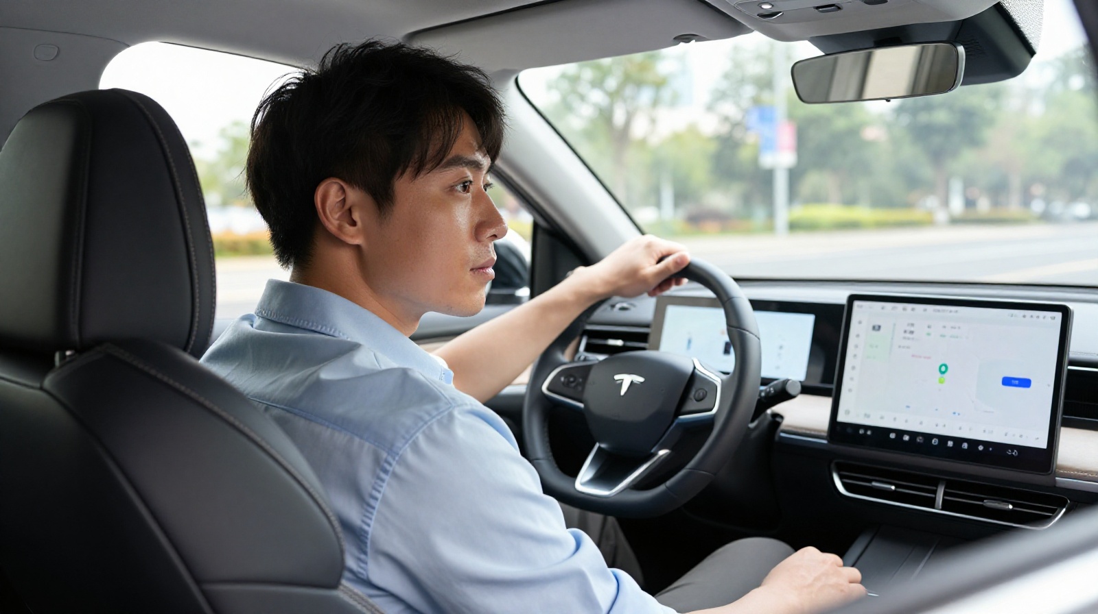 A Chinese ride-hailing driver focusing on his navigation screen while driving an electric taxi in a Chinese city.