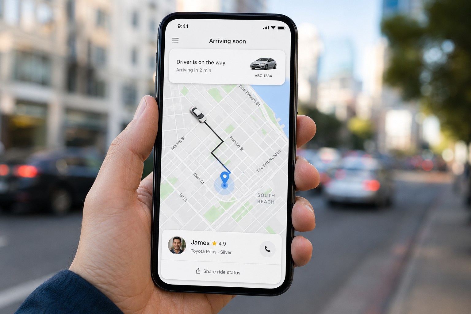 A close-up view of a smartphone displaying a ride-hailing app interface in China, showing the driver's car icon moving towards the passenger's location on a city map.