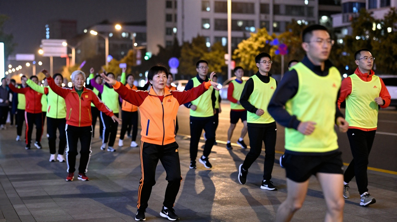 Night scene in a Chinese city showing square dancers on one side and night runners on the other, illustrating the generational use of public space.