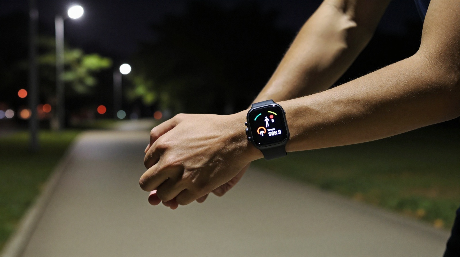 A close-up of a runner's smartwatch showing fitness data during an evening jog in a Chinese city park.
