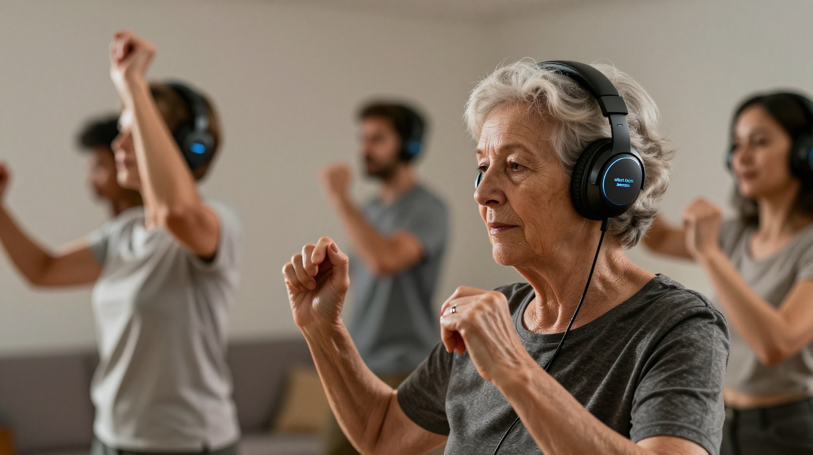 Senior citizens using silent disco headphones for square dancing to reduce noise pollution in public spaces.