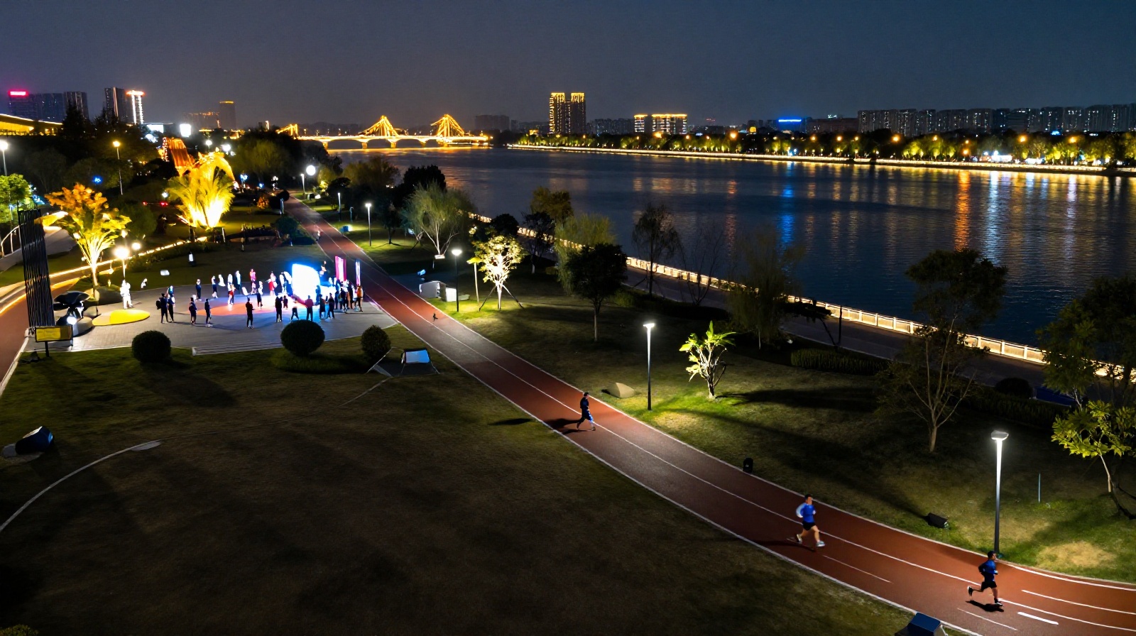 Panoramic view of a Chinese urban park showing separated zones for square dancing and night running at night.