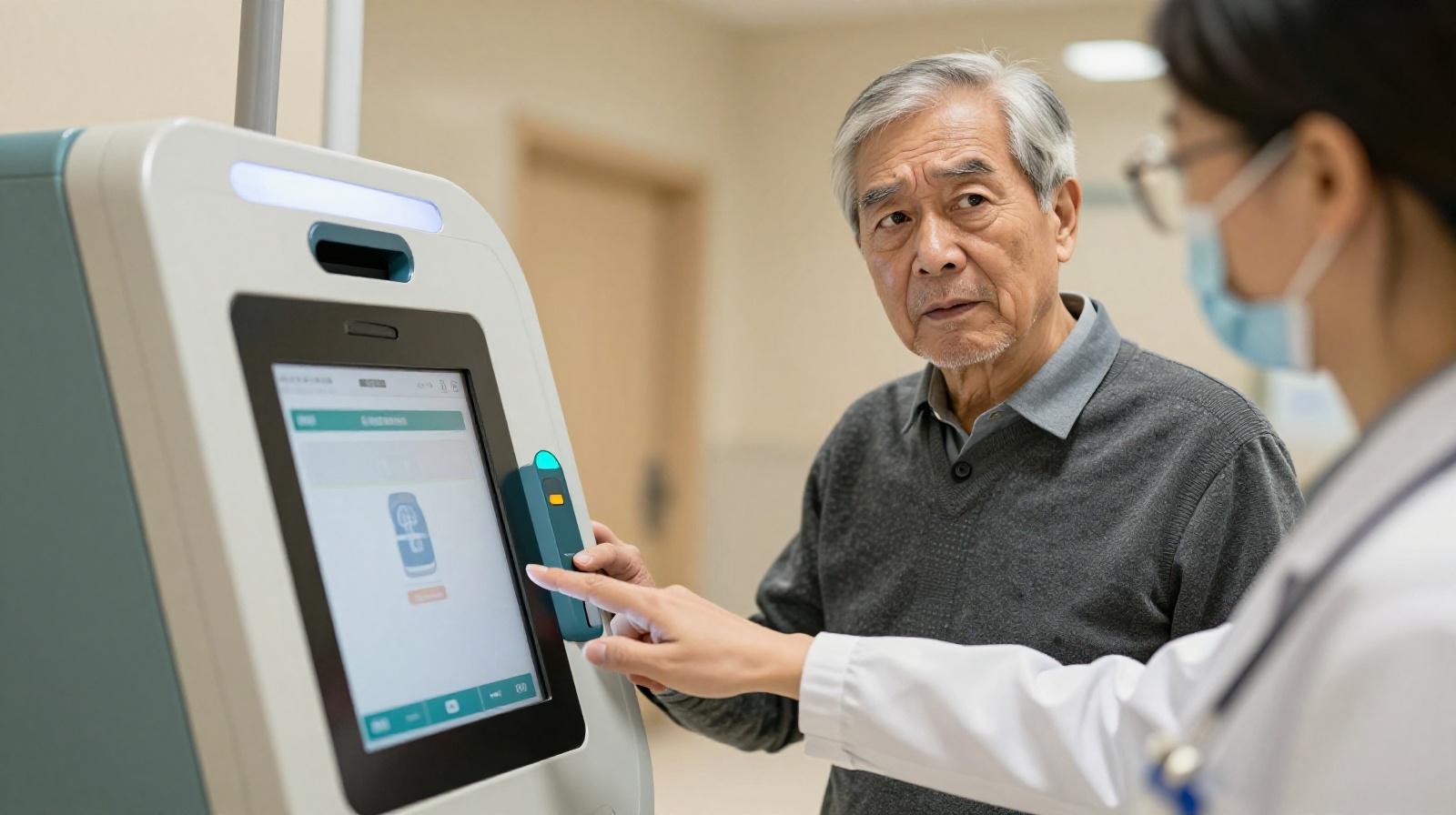 A hospital volunteer assisting an elderly patient with using a digital kiosk for medical appointment booking.