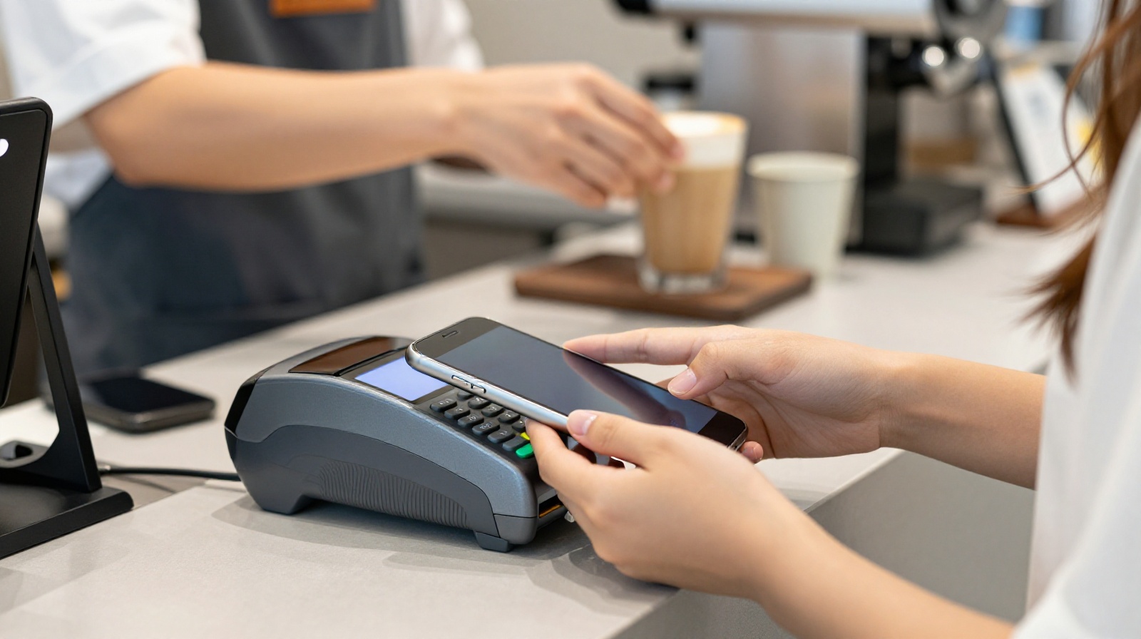 Customer using mobile payment to order coffee at a Shanghai cafe counter