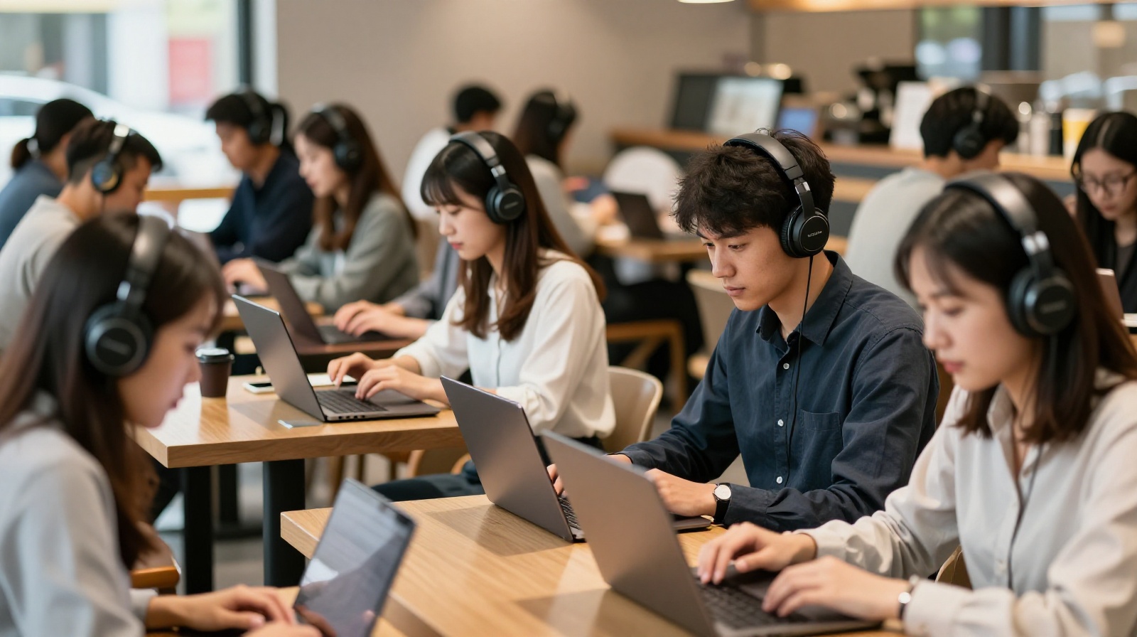 Young professionals using a cafe as a co-working space in Shenzhen