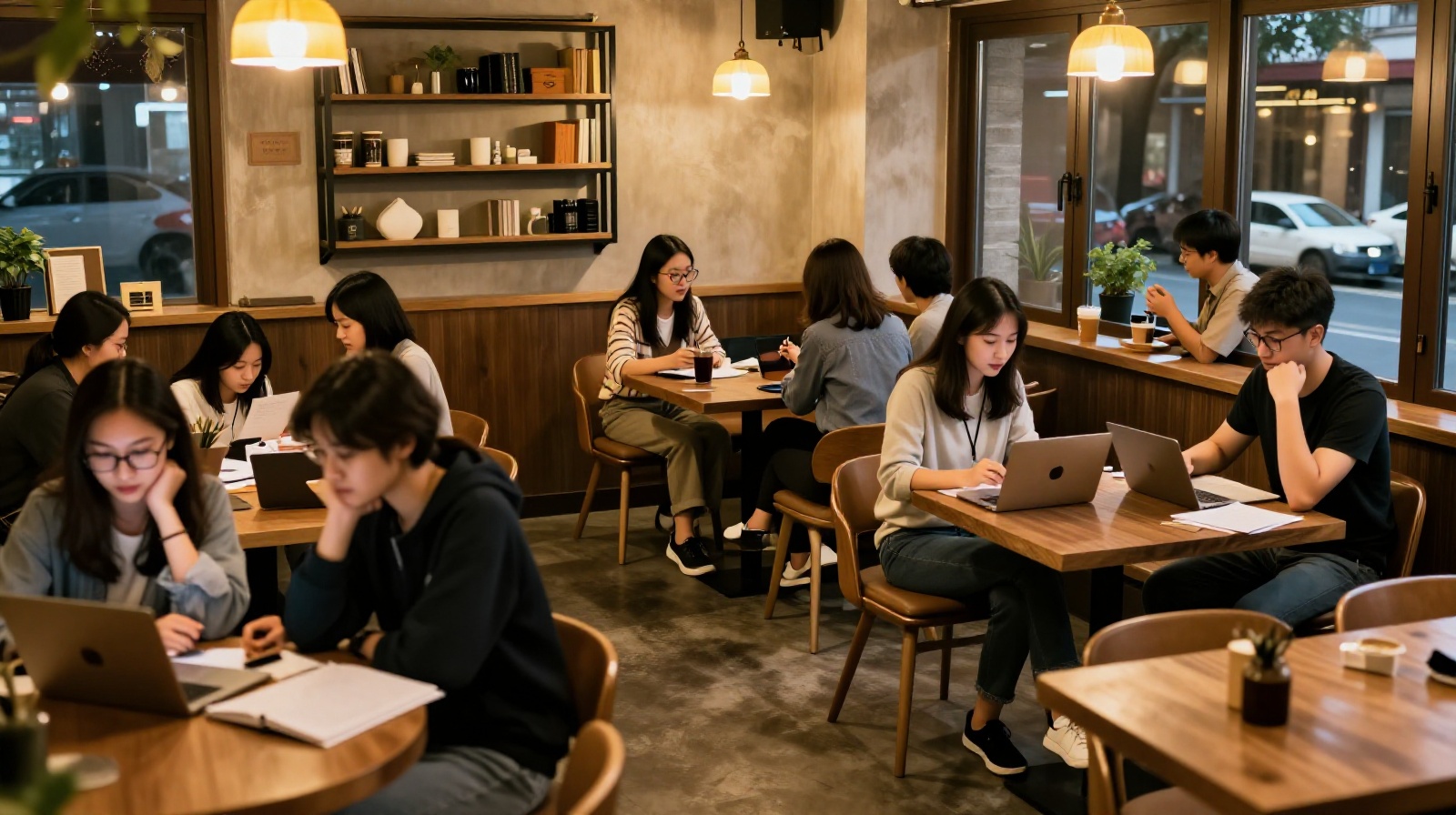 Diverse crowd socializing and working in a Beijing cafe