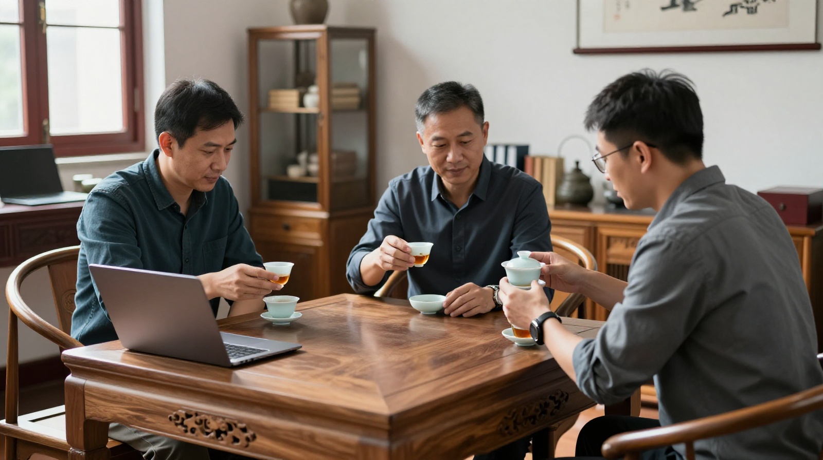 Three businessmen discussing over small cups of tea in a traditional Chaoshan-style office