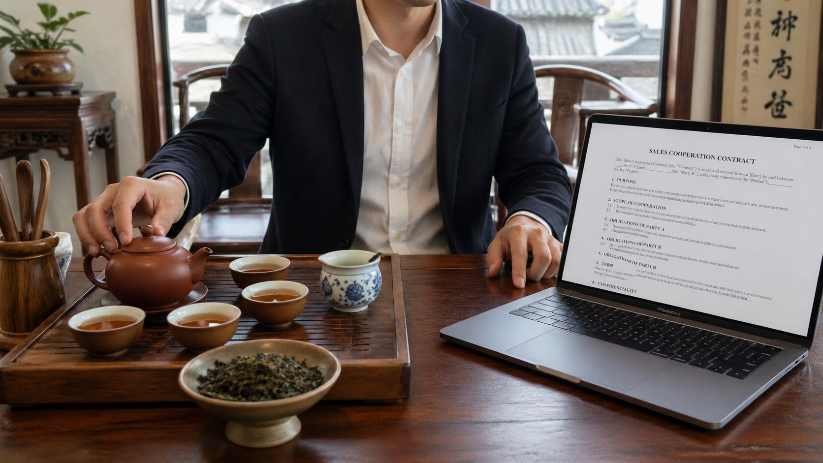 Traditional oolong tea leaves next to a modern laptop showing a business contract in Shantou