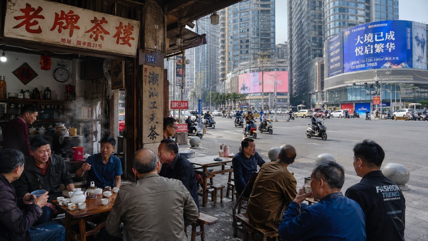 Street view of Shantou showing traditional tea culture alongside modern city skyline