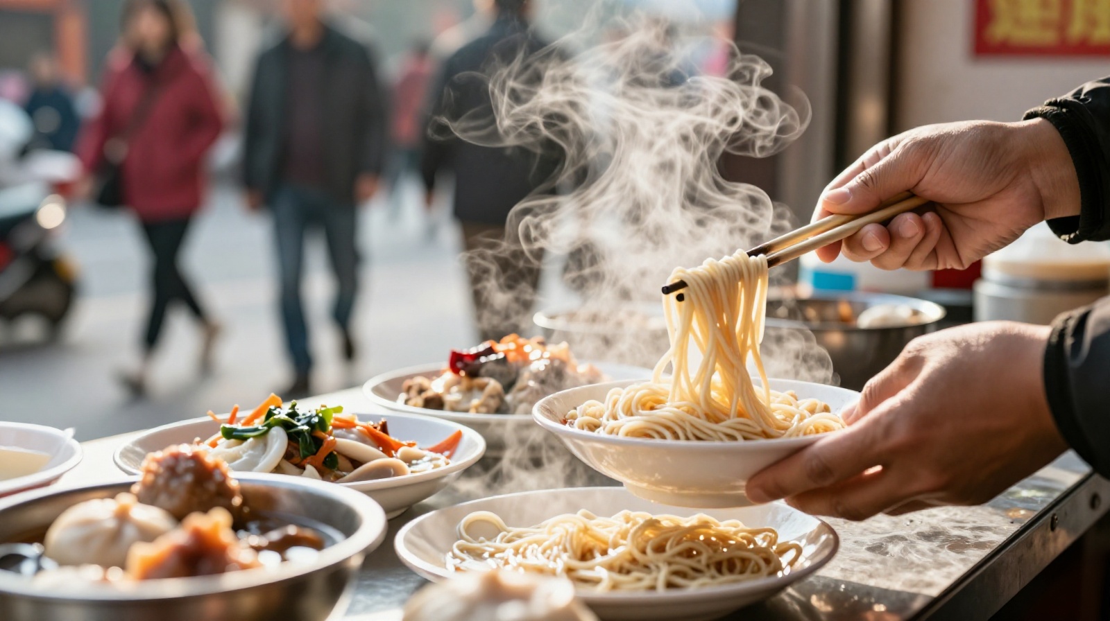 Close-up of hands serving steaming Chinese breakfast noodles at a street stall with commuters in the background