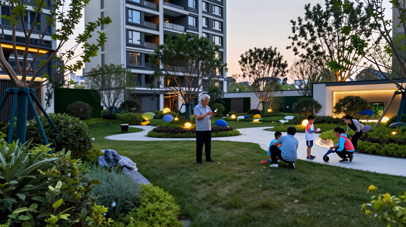 Multi-generational residents interacting in a green urban park space in a Chinese city at dusk