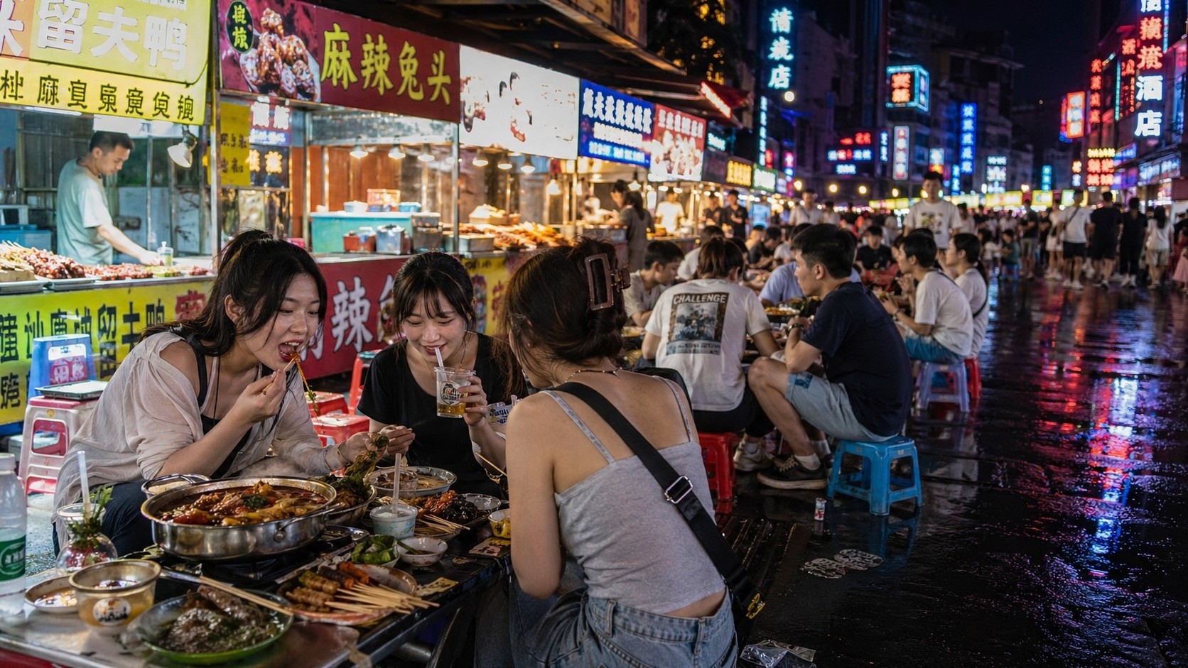 Young professionals enjoying spicy street food at a bustling Chinese night market
