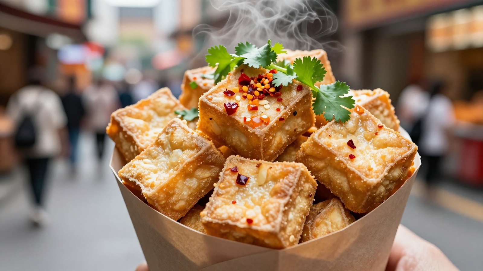 Close-up of crispy fried stinky tofu served in a paper cone with cilantro and chili, highlighting the texture contrast between the crunchy exterior and soft interior.