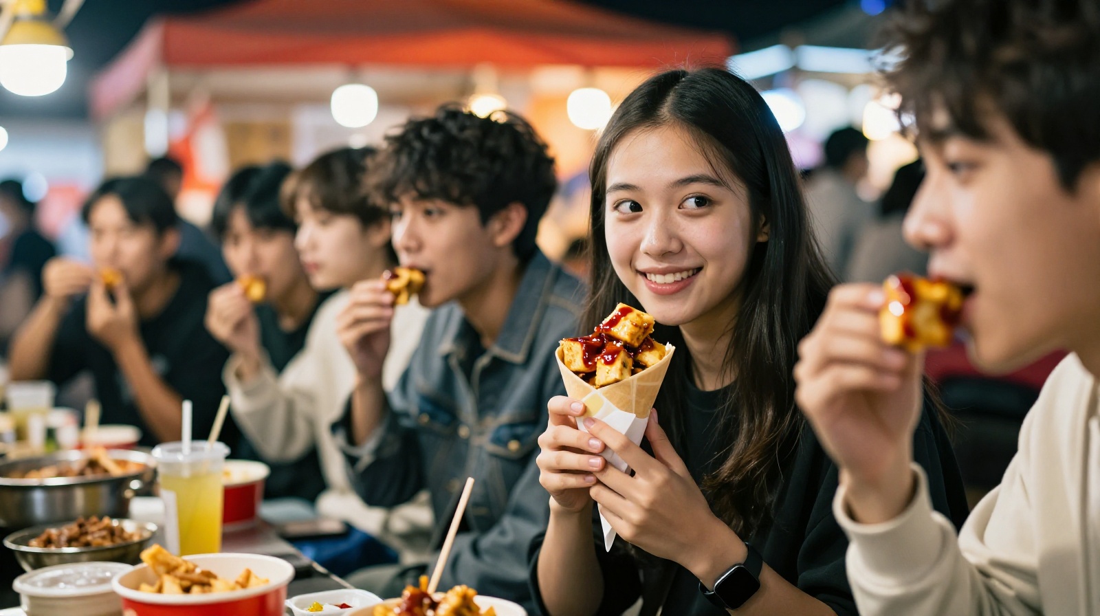 Young tourists enjoying stinky tofu at a Chinese night market, illustrating the social and cultural aspect of this popular street snack.