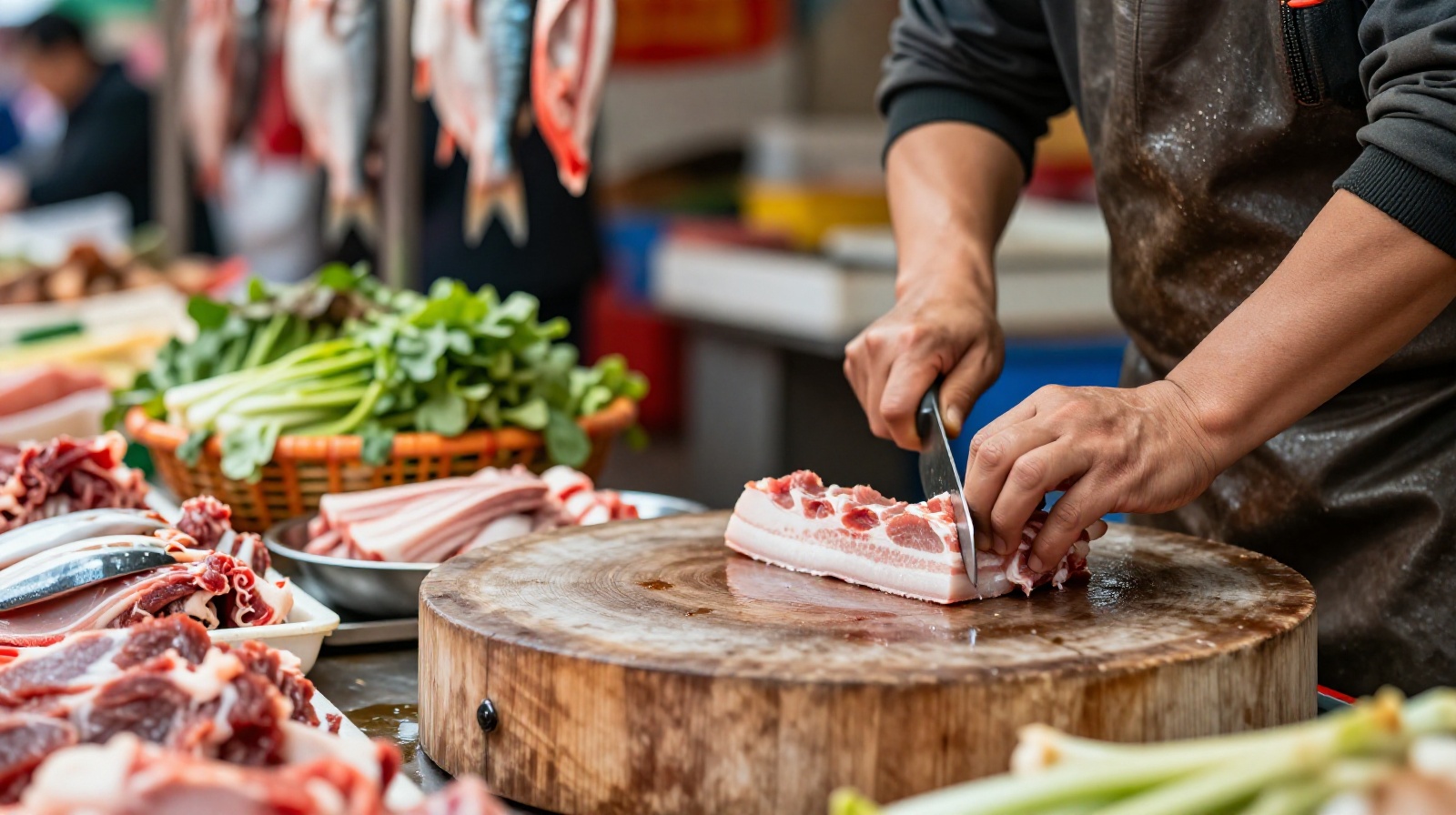 A vendor in a Chinese wet market preparing fresh meat for customers, with piles of green vegetables in the background.