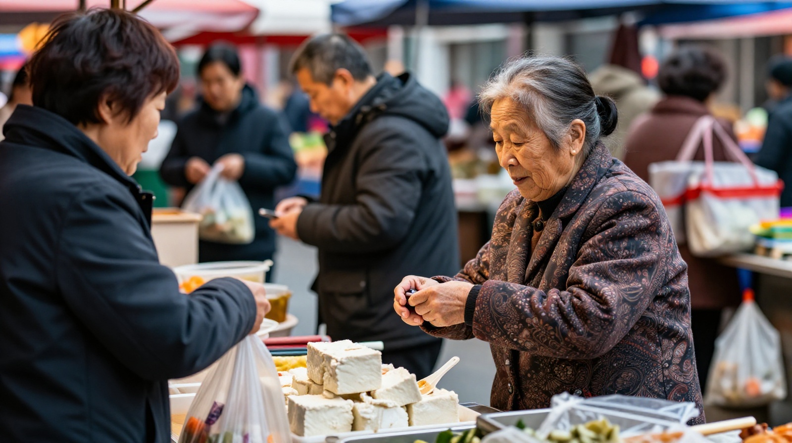 An elderly customer and a vendor sharing a conversation at a tofu stall in a busy Chinese wet market.