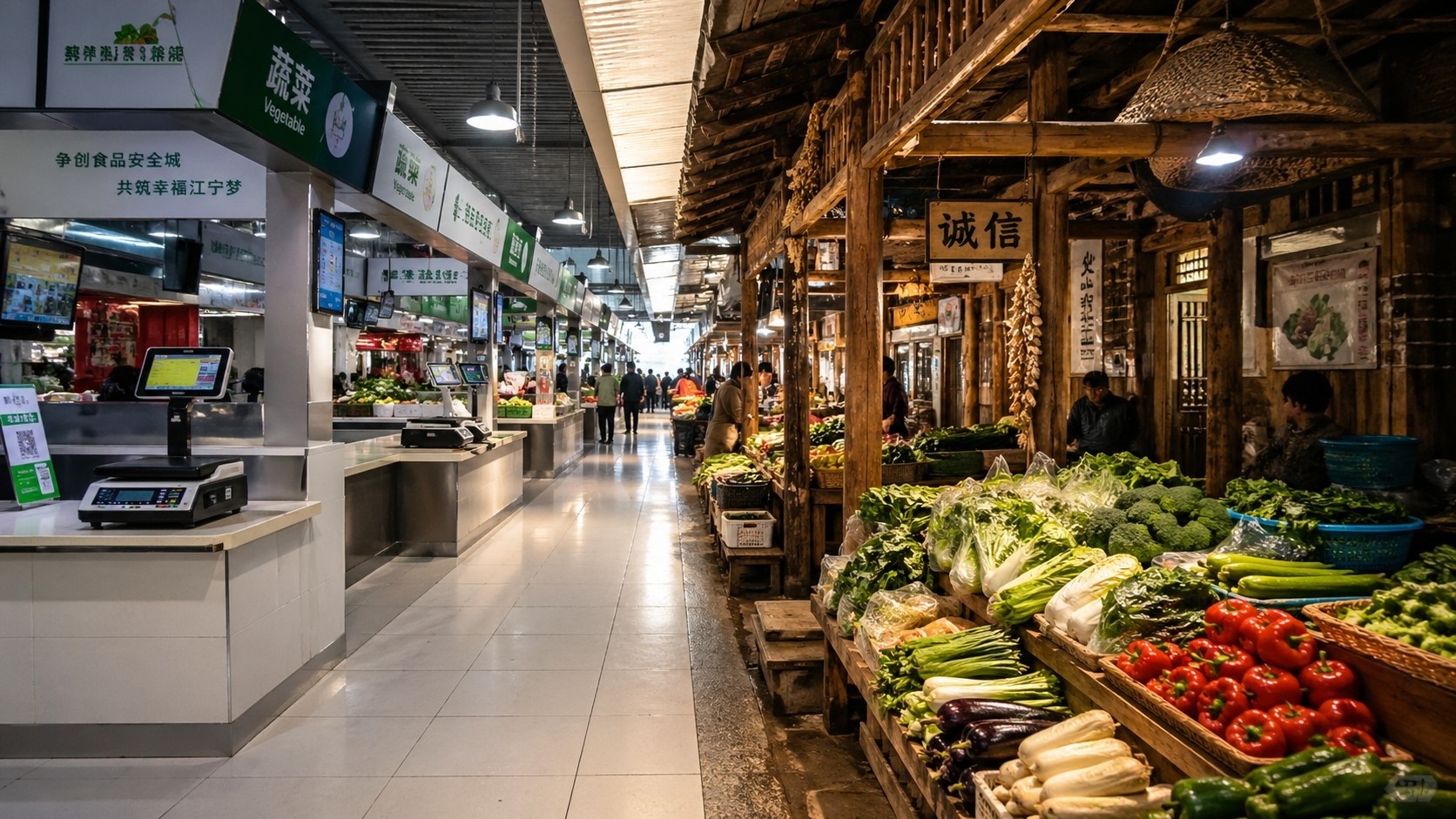 Contrast between modernized digital scales and traditional wooden stalls in a contemporary Chinese wet market.