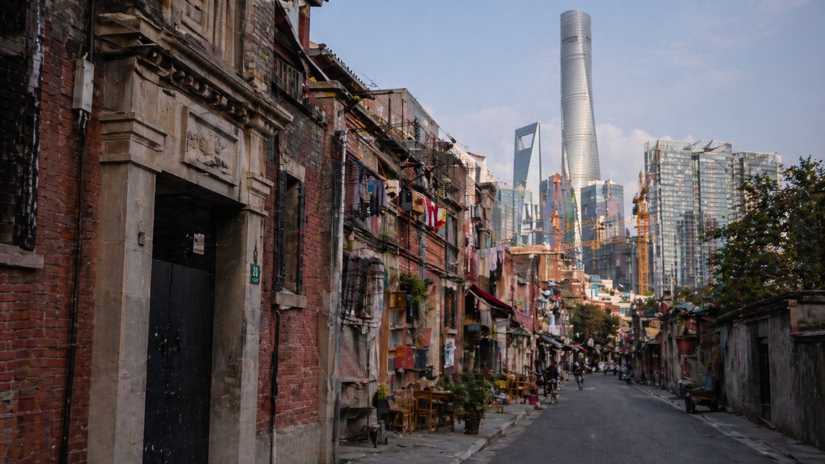 Contrast between historic lilong alleys and modern Shanghai skyline