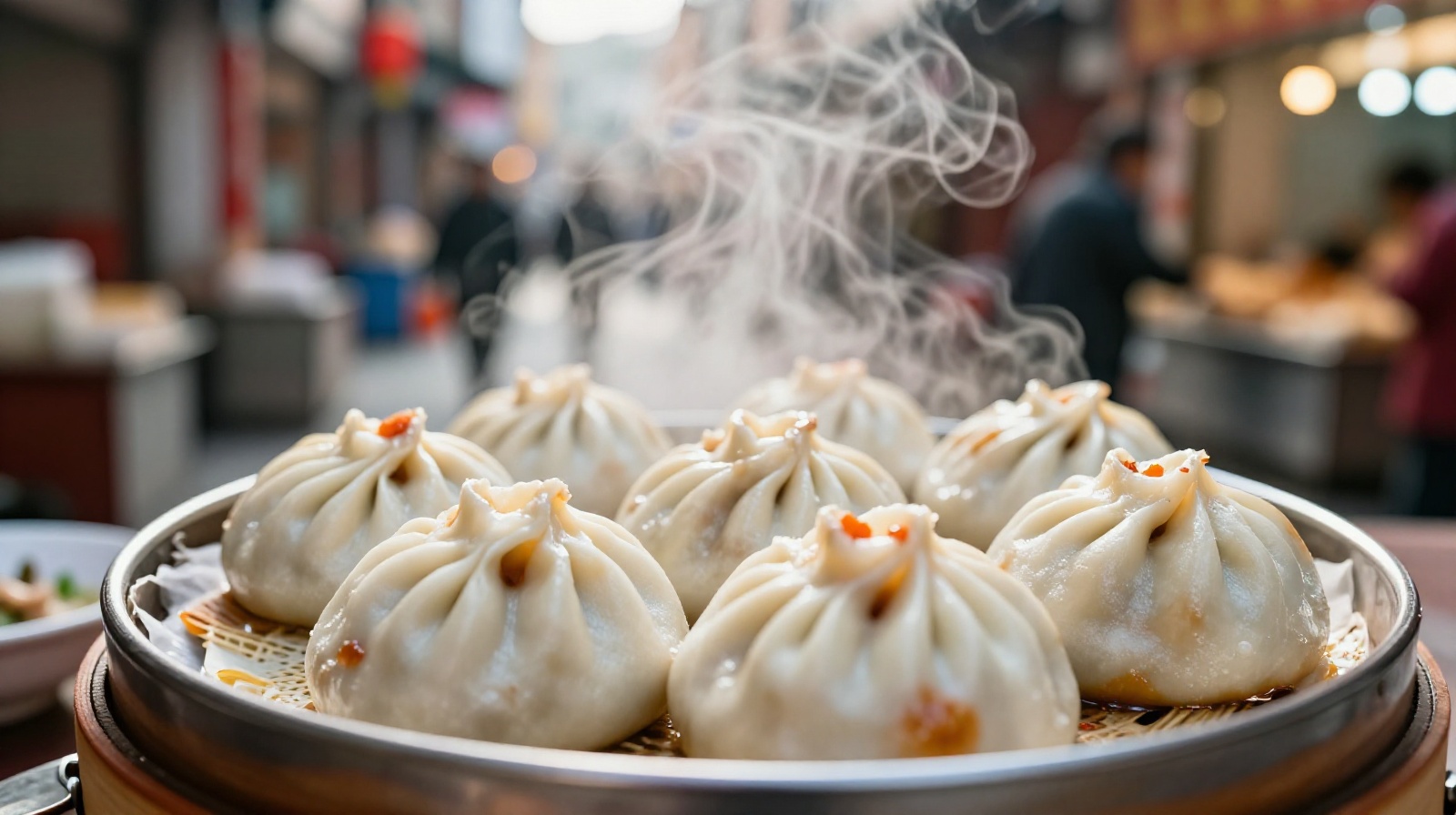 Steaming shengjian bao buns at a local Shanghai breakfast stall