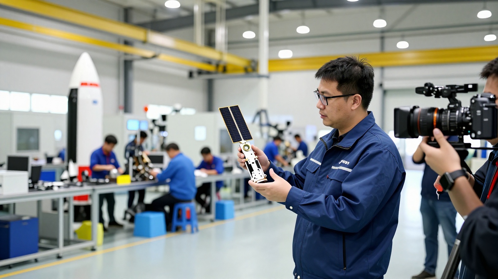 Engineers demonstrating satellite components in a Chinese high-tech manufacturing plant during a live stream recording.