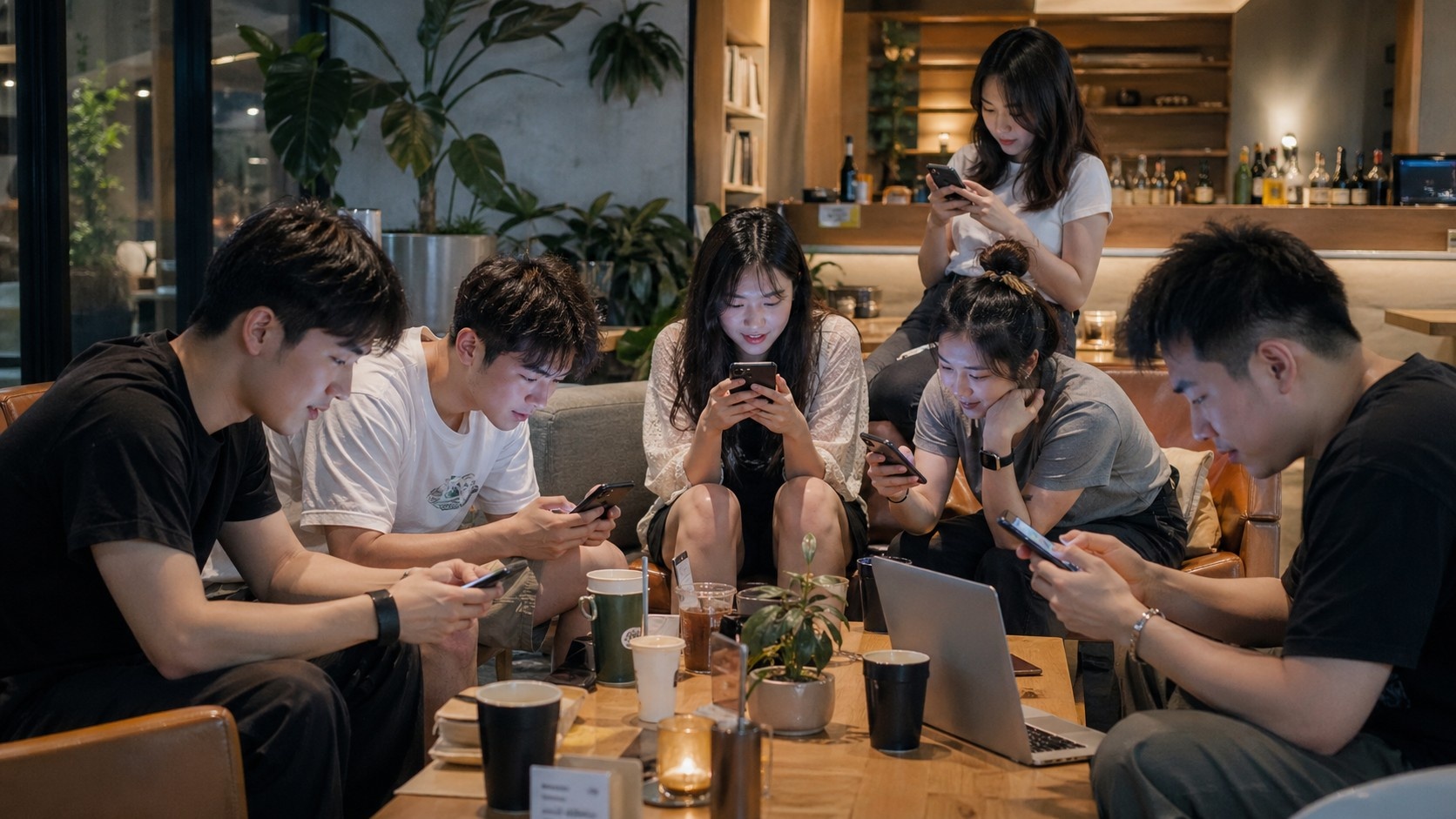 Young Chinese consumers engaging with live streaming sales apps in a modern urban cafe.