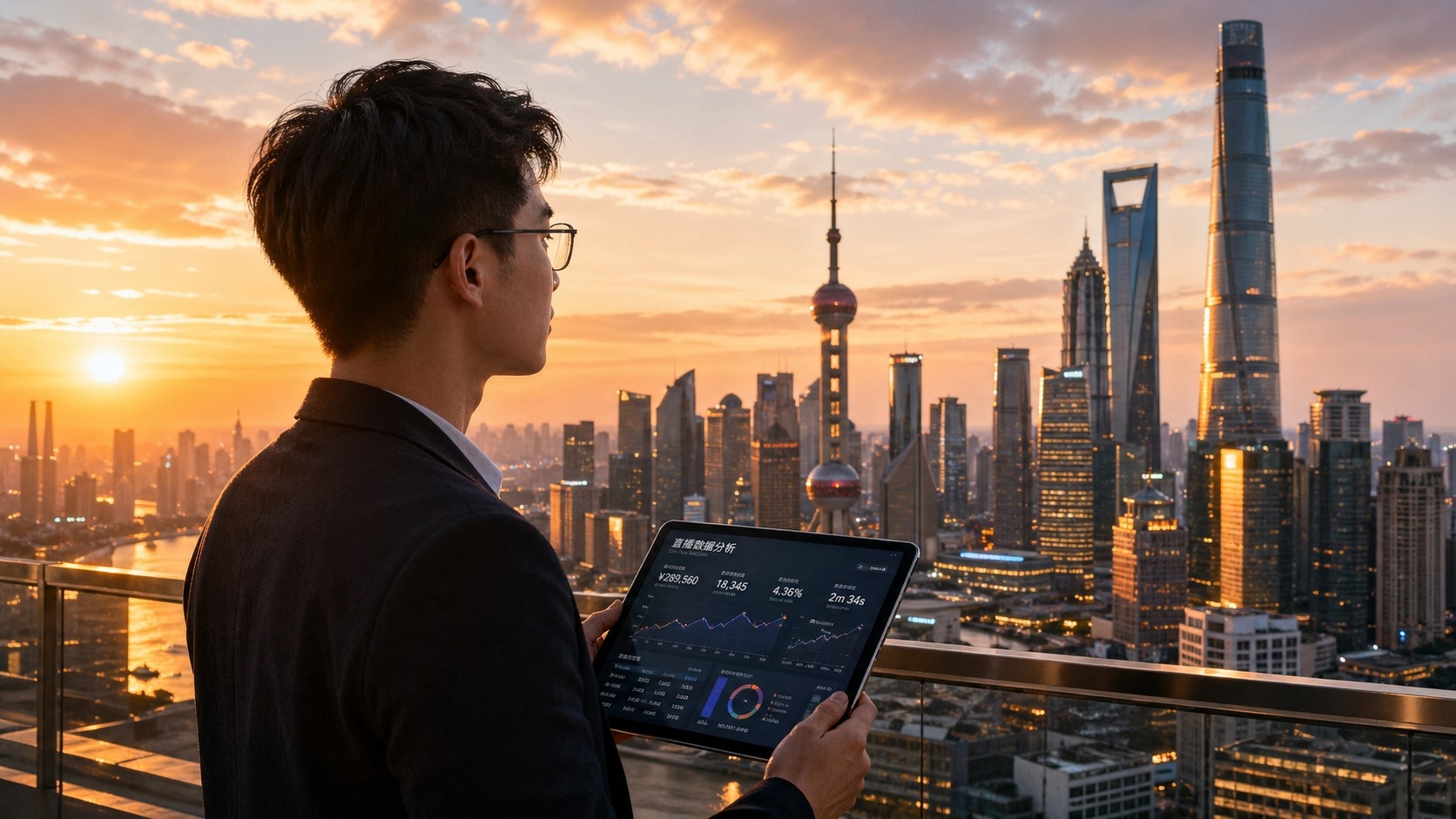 Young entrepreneur analyzing real-time sales data on a tablet against the backdrop of a modern Chinese city skyline.