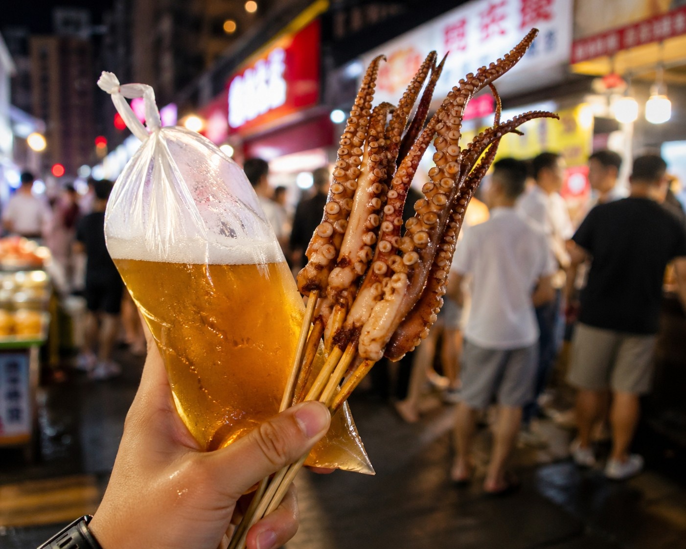 A customer holding a plastic bag of fresh beer at an outdoor street stall in Qingdao during summer