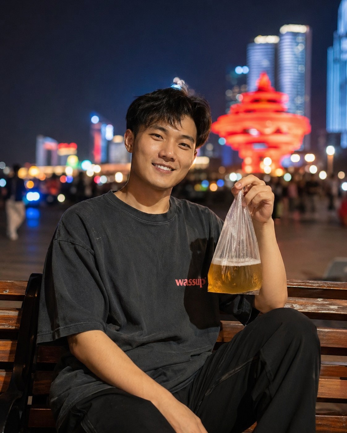 Local resident enjoying summer evening with fresh beer near May Fourth Square in Qingdao