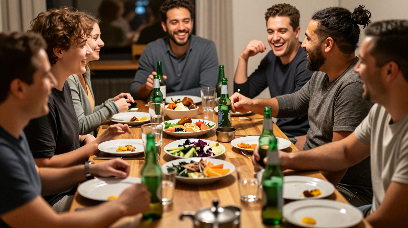 The later stages of a Chinese business dinner where the atmosphere relaxes and people switch from Baijiu to other drinks.