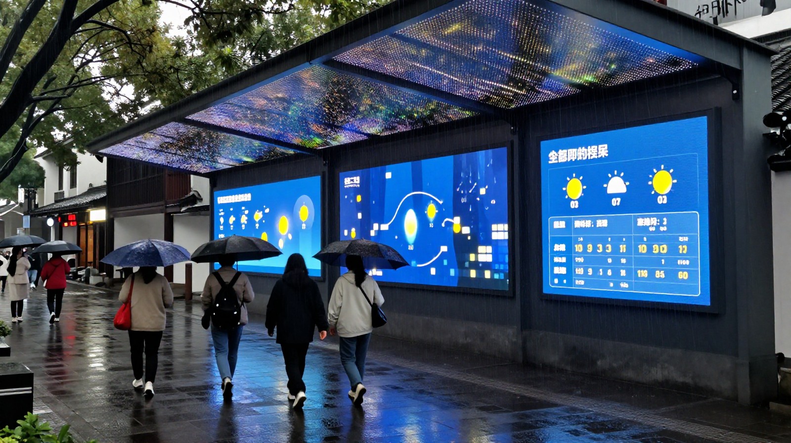 Commuters walking under the Suzhou LED canopy which displays rain patterns and weather info during a rainy evening.