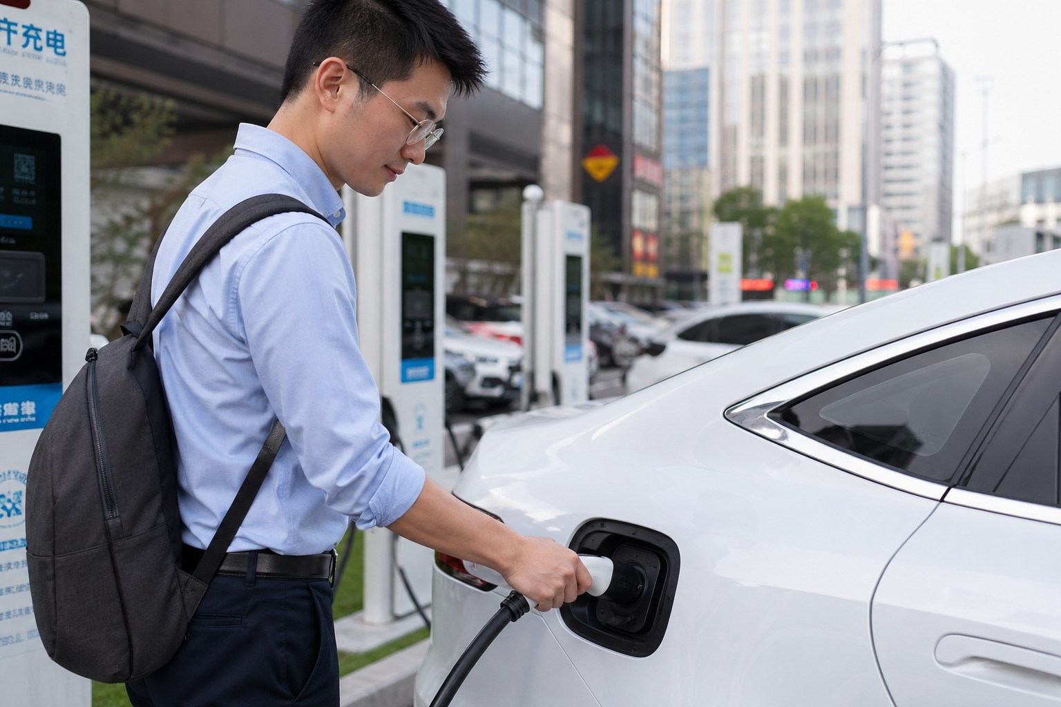 A person charging an electric vehicle at a public station in a Chinese city
