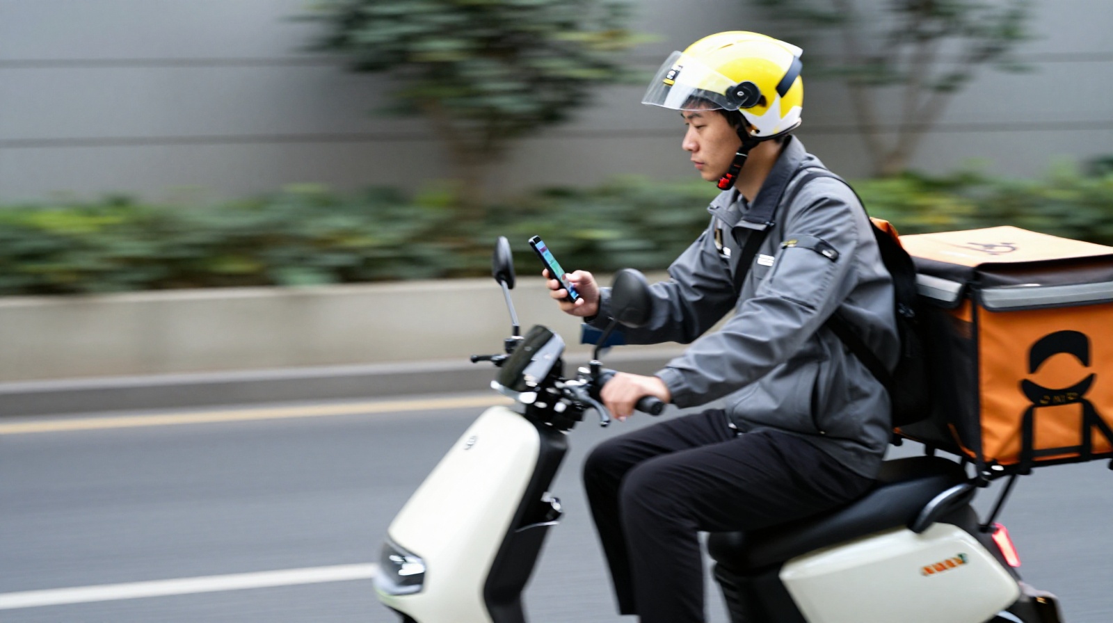 Delivery worker navigating efficiently using smart traffic technology in Hangzhou