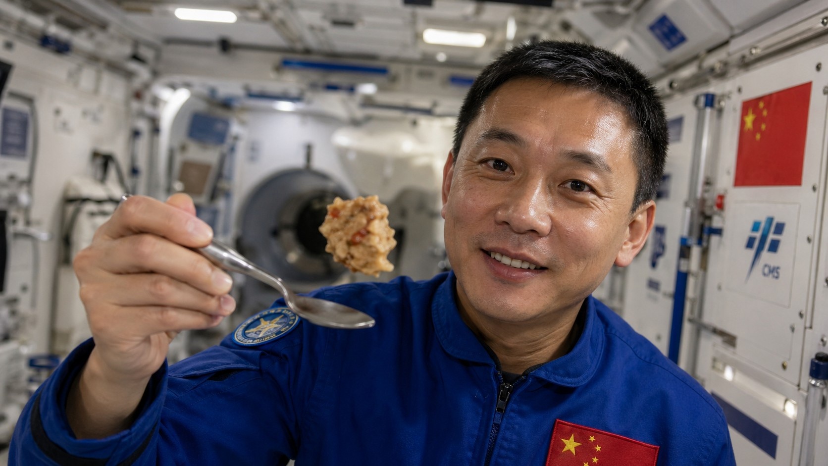 Chinese taikonaut eating Kung Pao Chicken inside the Tiangong space station in microgravity