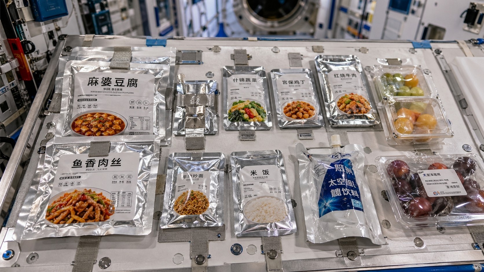 Assorted Chinese space food meals including Mapo Tofu and spicy sausage ready for astronauts