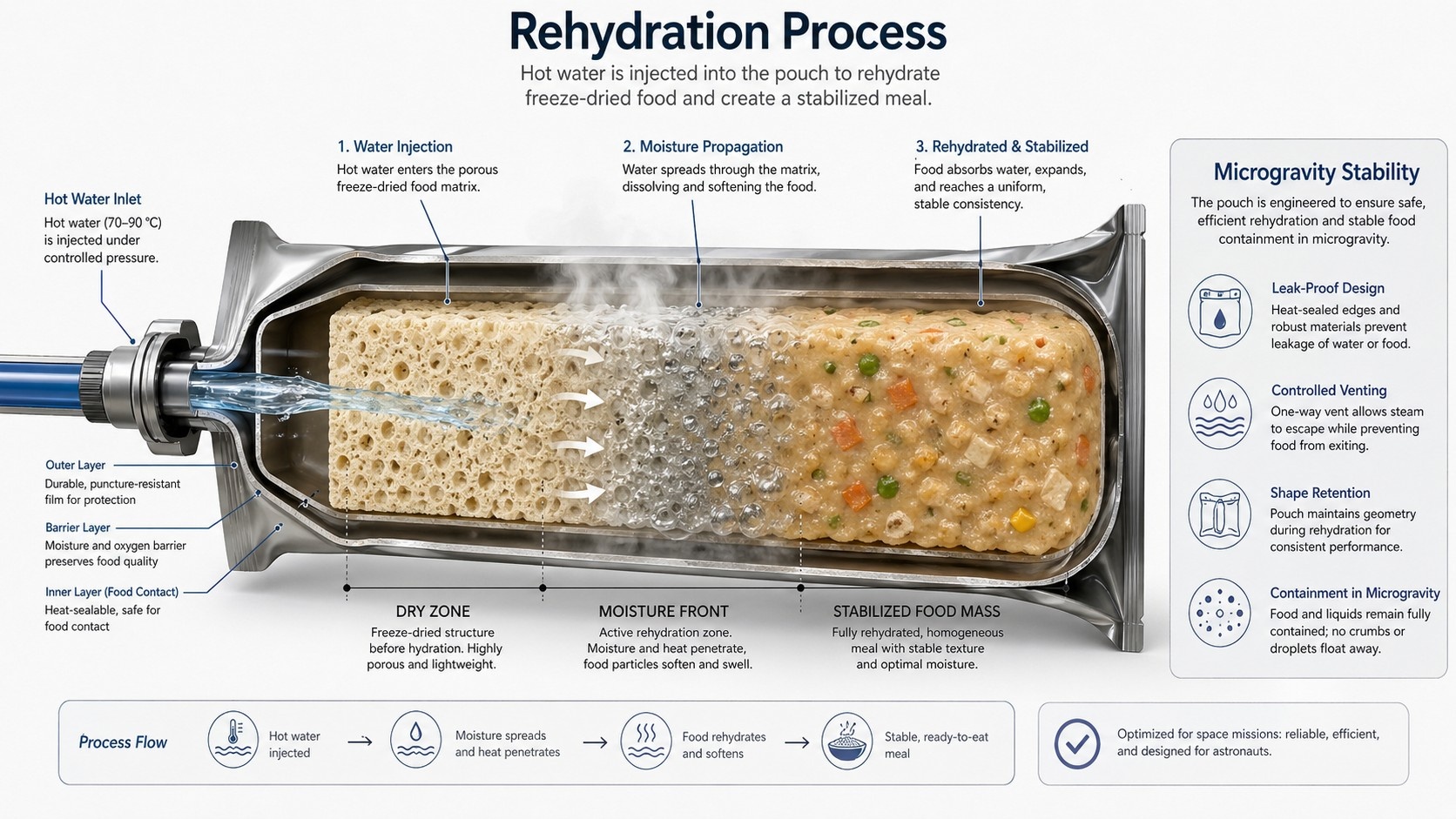 Diagram explaining how rehydration works for Chinese space food in zero gravity