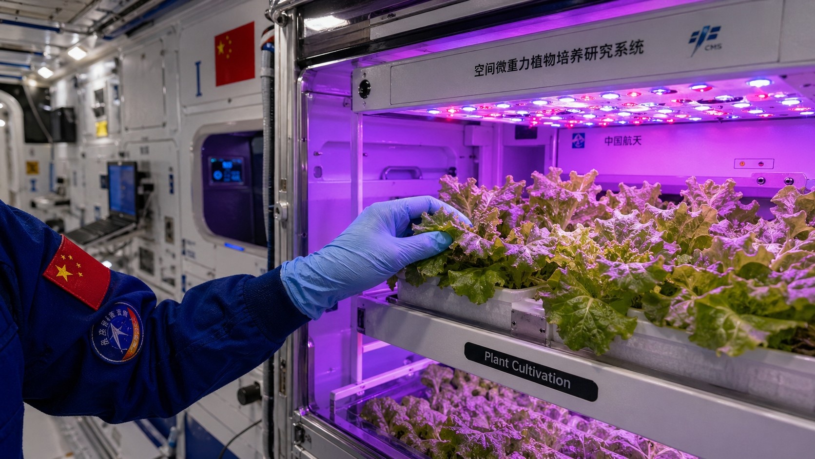 Hydroponic garden growing fresh vegetables in China's space station for long-term missions