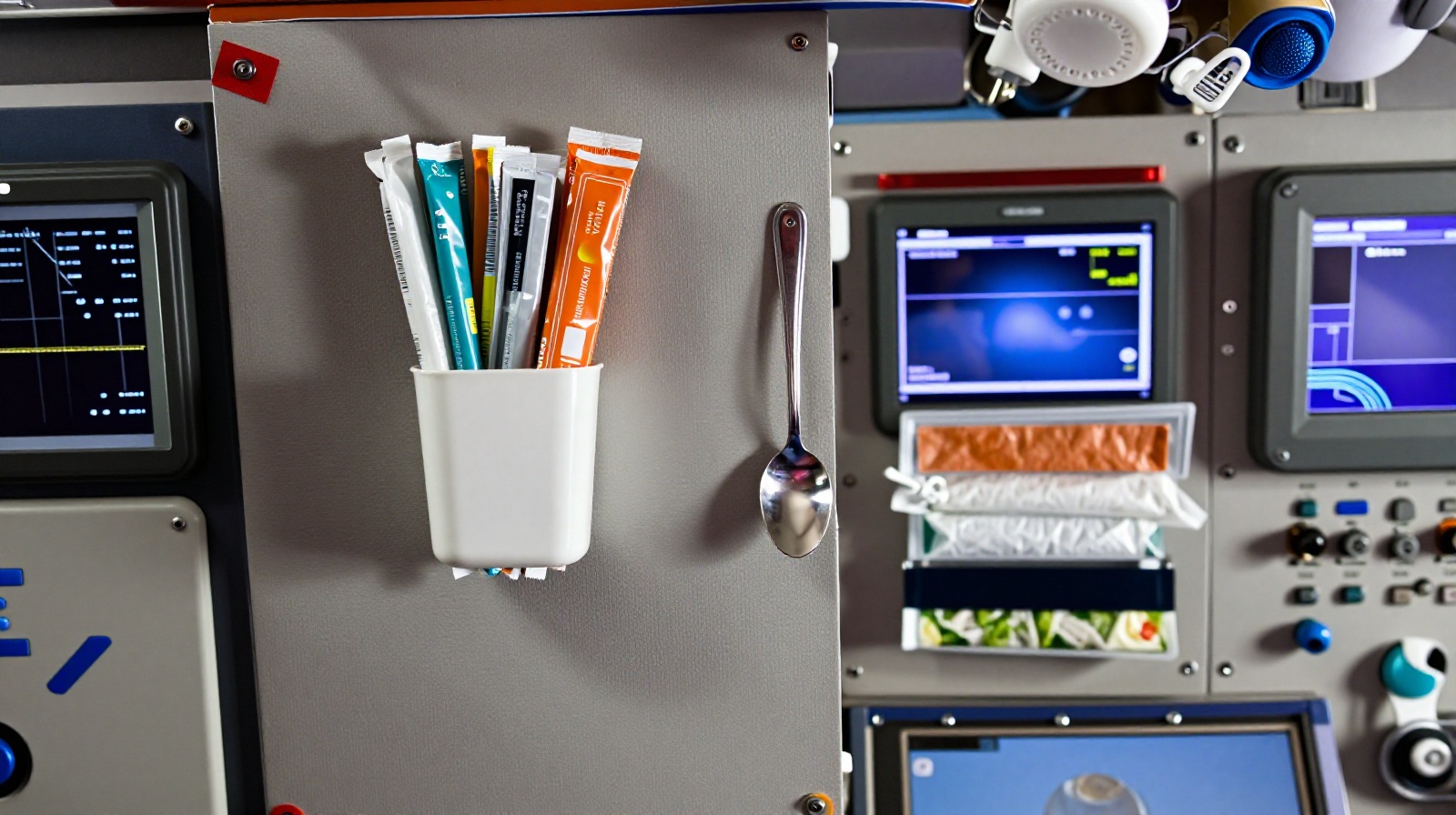 Magnetic spoons and velcro-backed food packaging inside the Chinese space station galley