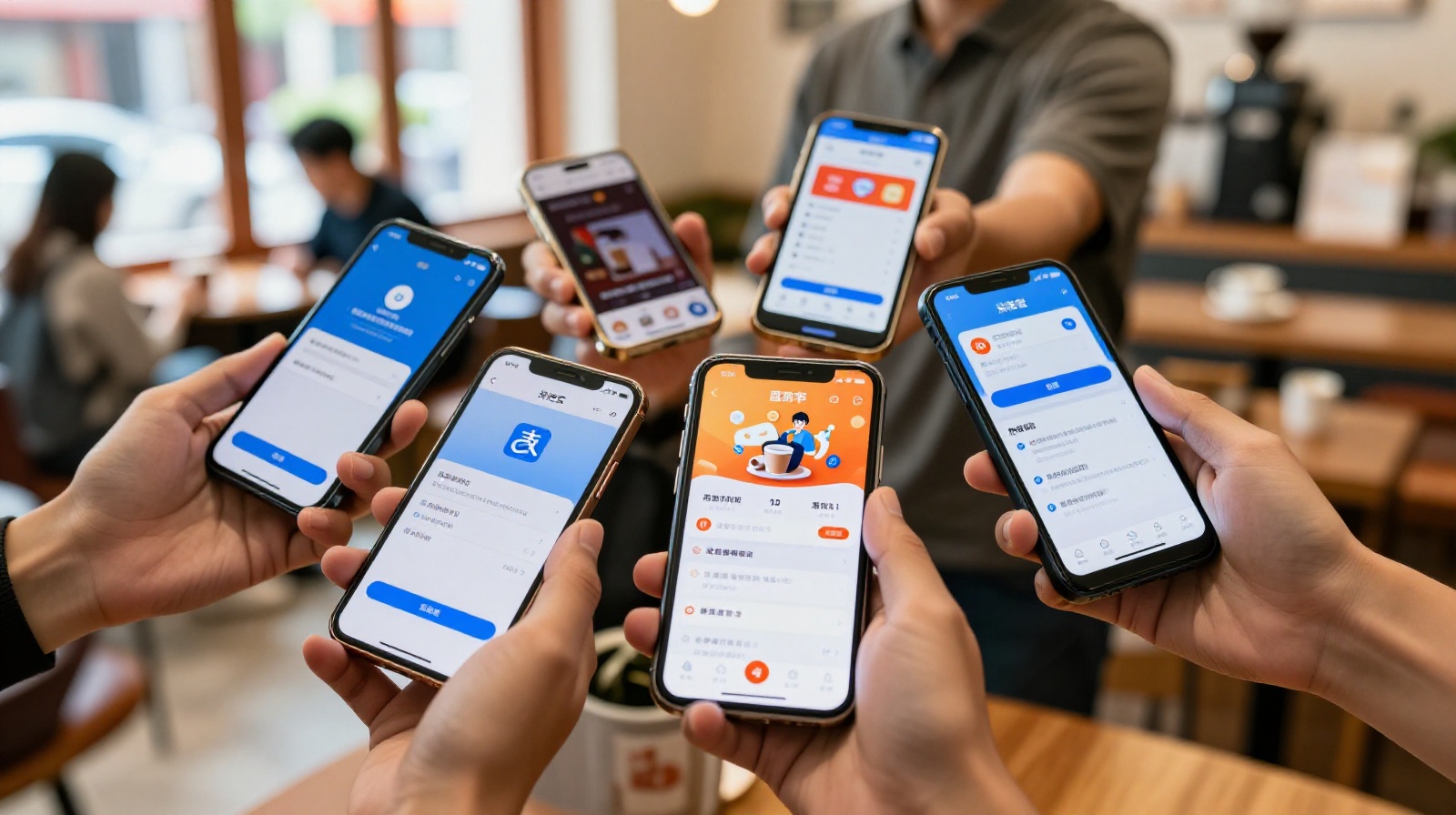 Foreigners using Alipay and Taobao apps on smartphones inside a modern Chinese cafe