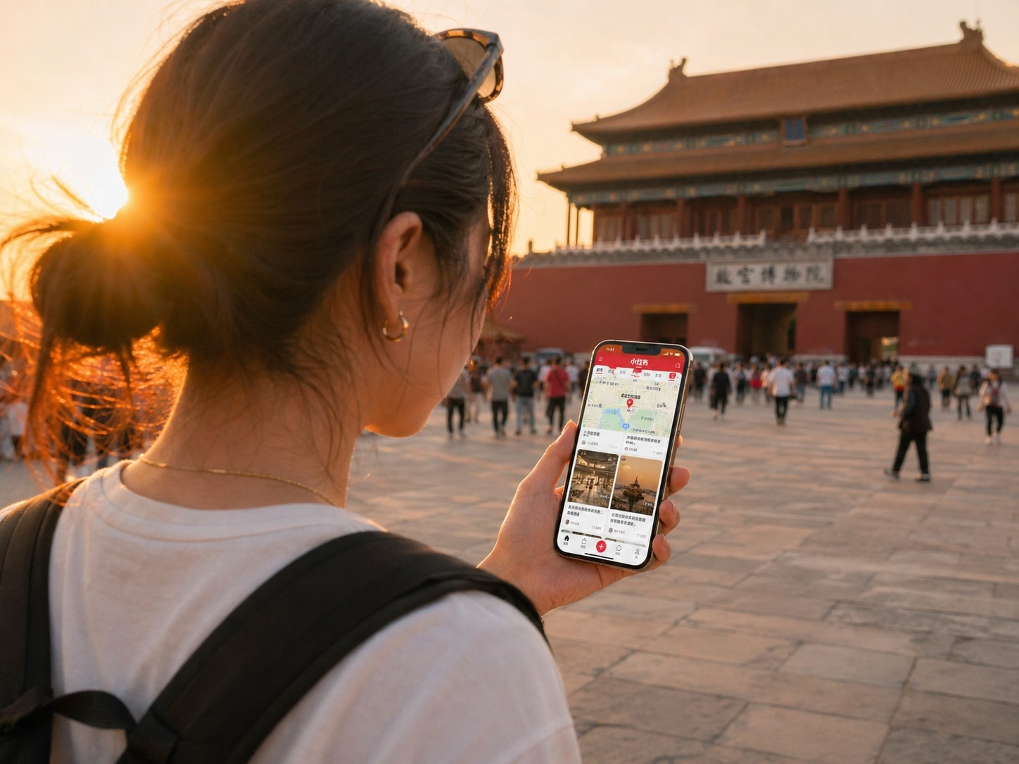 Tourist using Xiaohongshu app for navigation and review checking at a historic site in Beijing