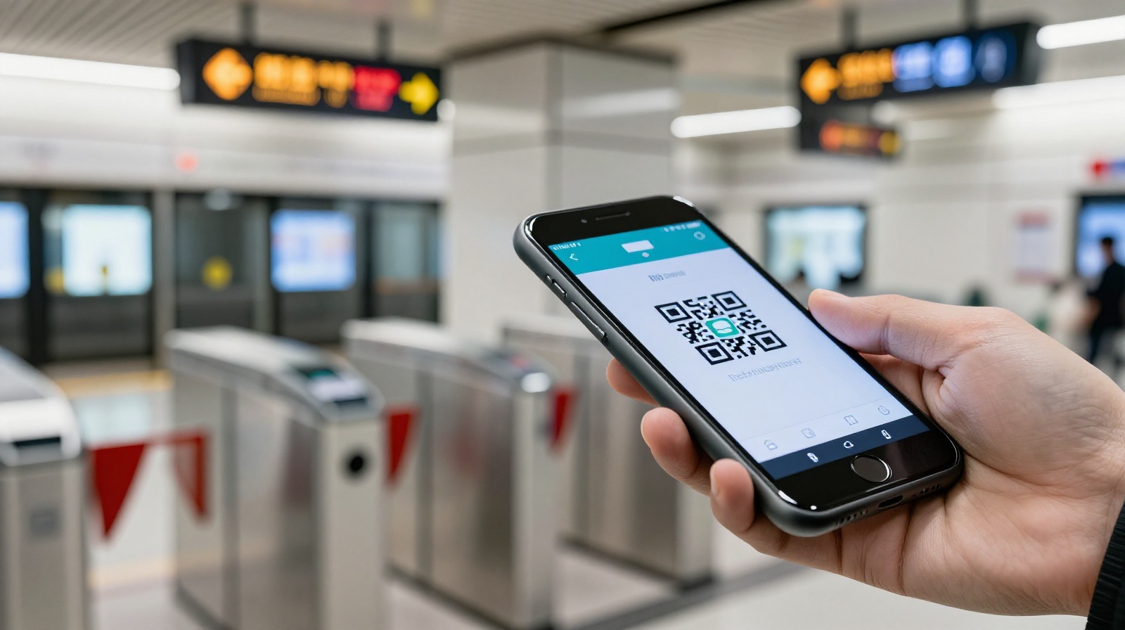 A traveler scanning a mobile QR code to enter a Chinese subway station turnstile, highlighting the cashless payment system in China's public transport.
