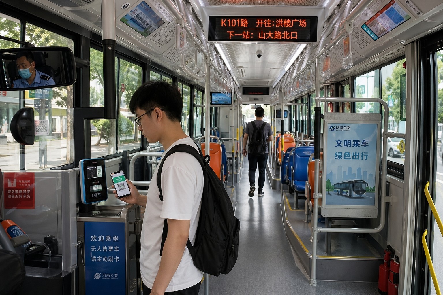 Passengers boarding and exiting a Chinese city bus, demonstrating the front-in back-out system common in urban public transport.